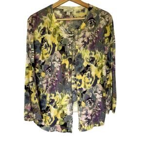 Ann Taylor LOFT floral yellow purple button down cardigan women's size XL